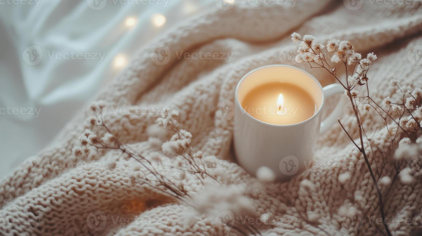Cozy scene with a lit candle in a white mug, nestled in a soft knit blanket with delicate dried flowers and warm fairy lights. Hygge and relaxation photo
