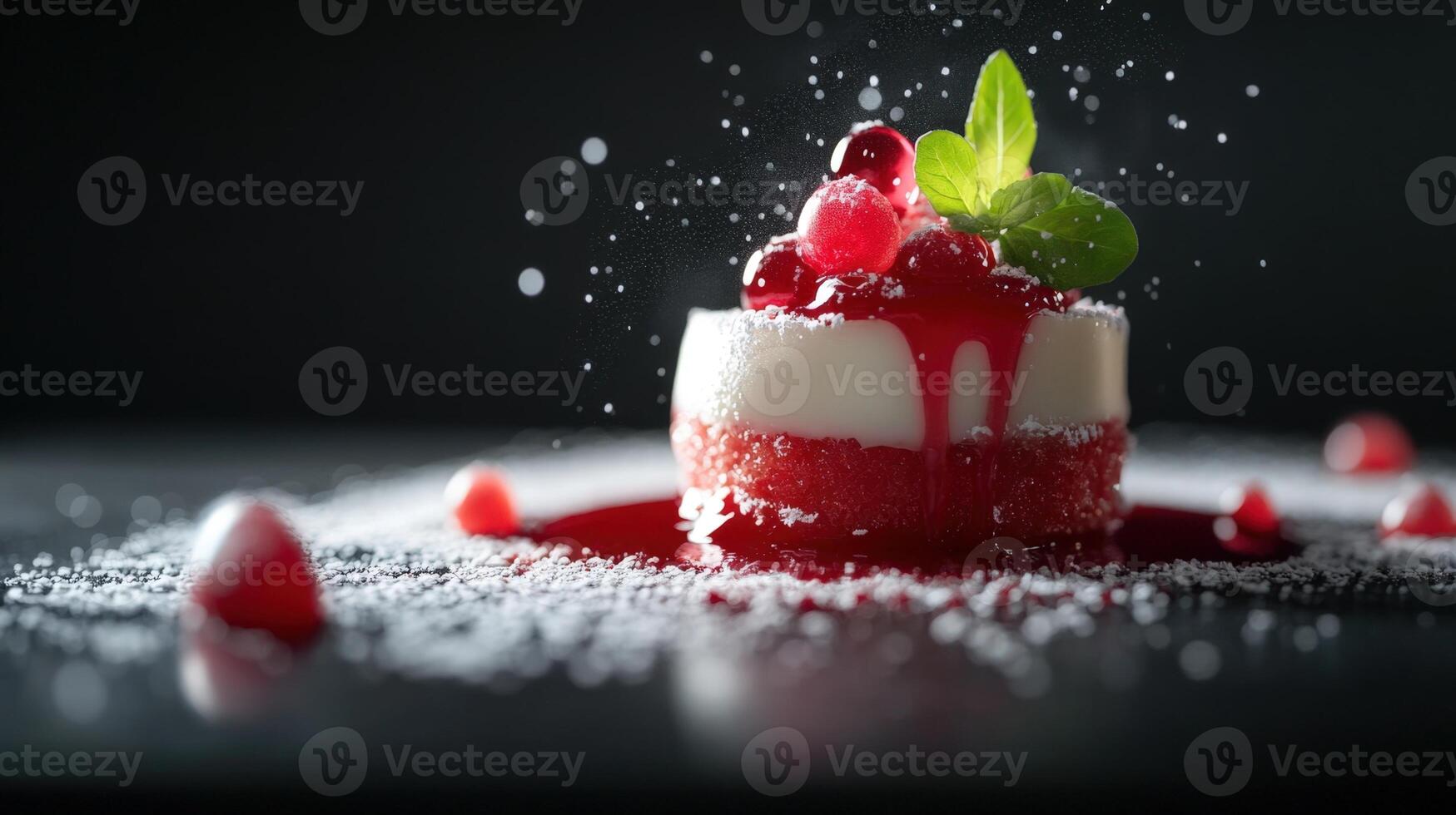Layered cake with red fruit topping and mint leaves. Creamy white mousse and syrup drip over soft base. Captured with motion sugar spray in dark studio setup photo