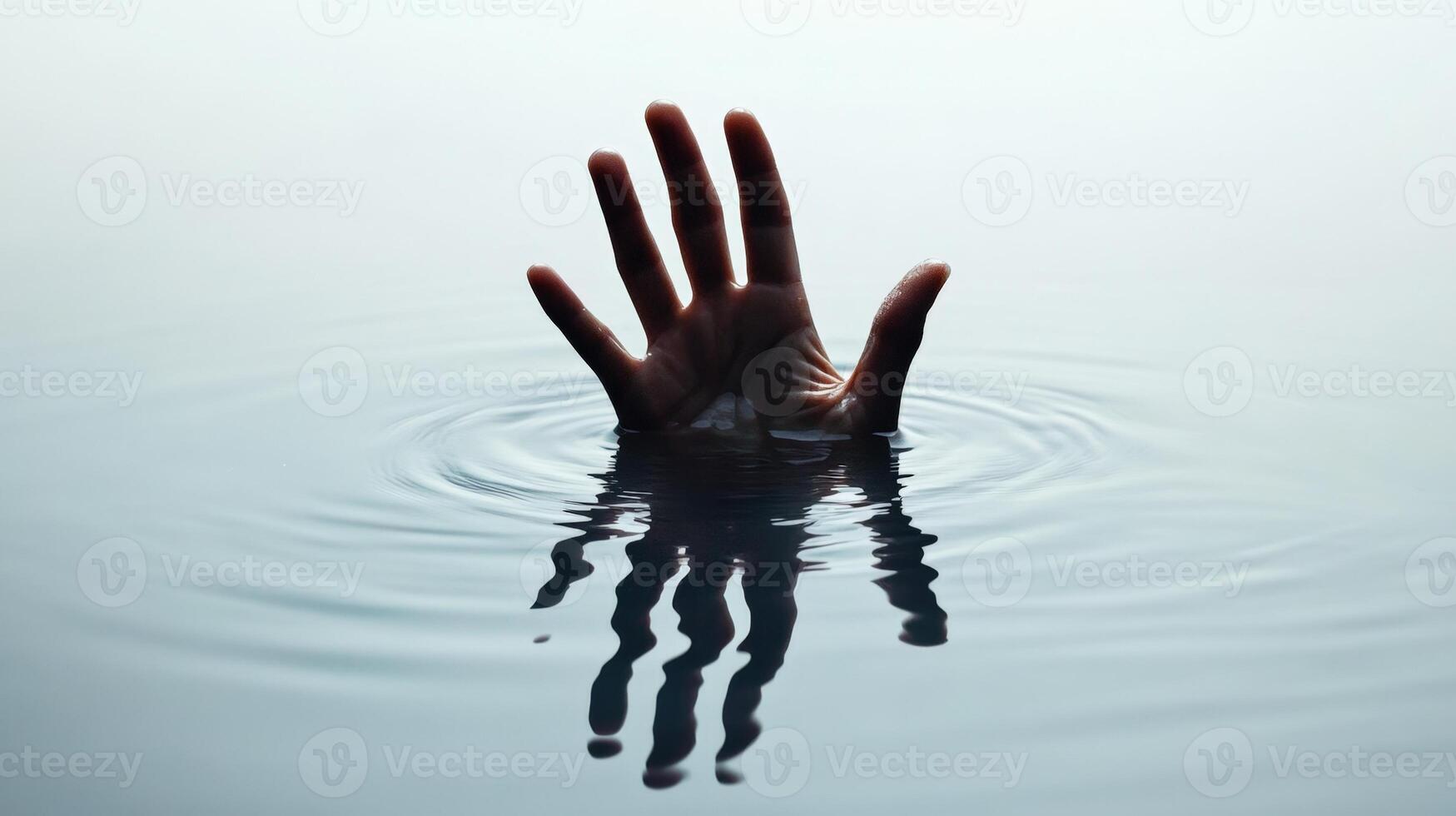 A hand emerging from calm, still water, creating gentle ripples. Minimalist and slightly surreal image with a sense of mystery photo