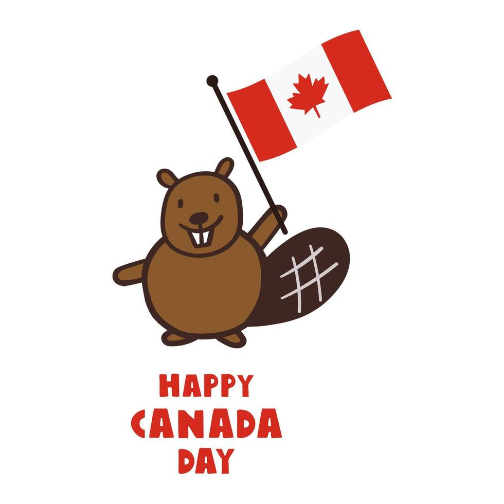 Cute beaver waving flag of Canada. Happy Canada day. Flat design. Illustration on white background. vector