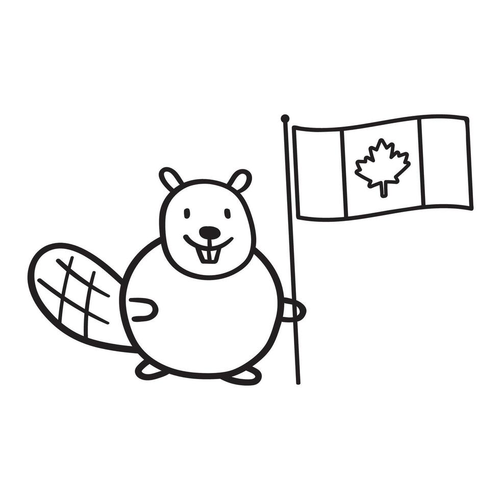 Beaver with flag of Canada. Outline illustration on white background. vector