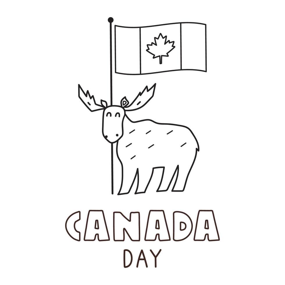 Canada day. Cute moose. Flag of Canada. Outline design. Illustration on white background. vector