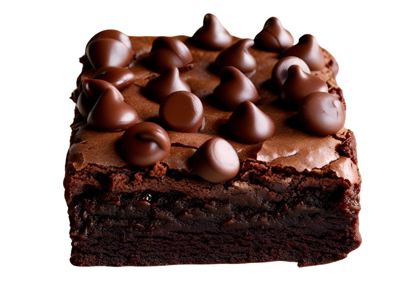 Rich moist brownie topped with glossy chocolate chips for dessert lovers. png
