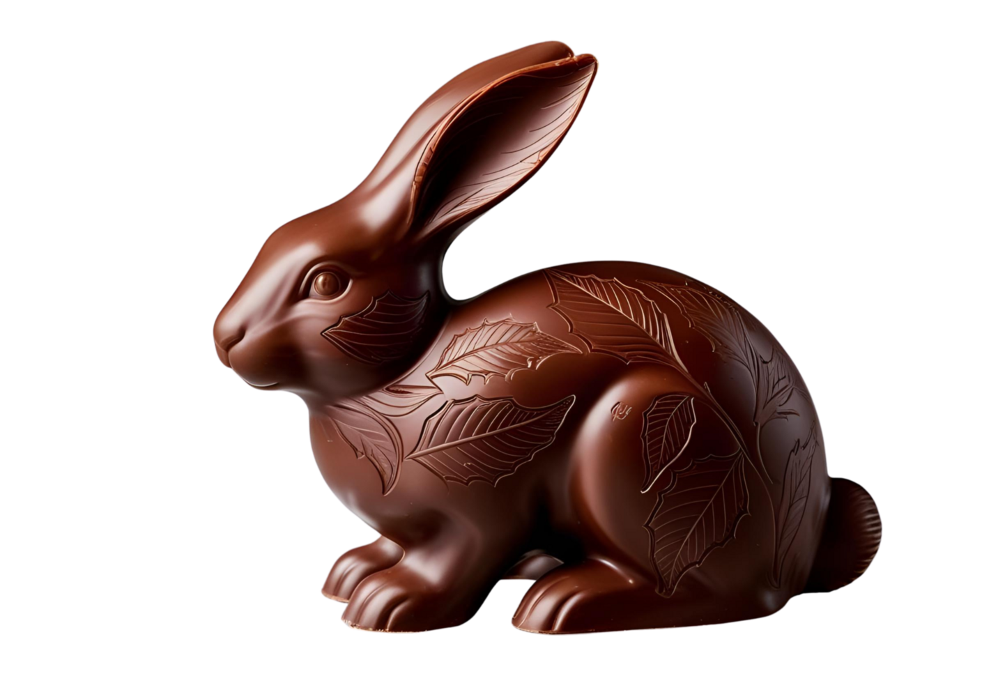 Chocolate rabbit with leaf engravings, long ears, lifelike expression, showcasing artisanal craftsmanship and rich cocoa tones. png