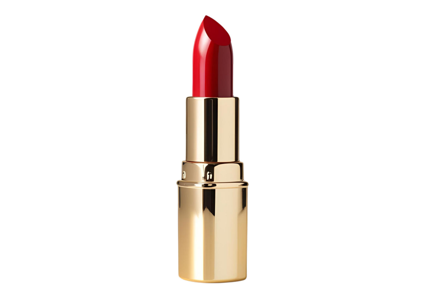 Shiny gold lipstick tube with bold red tip exudes luxury, glamour, and enhances everyday or formal looks. png