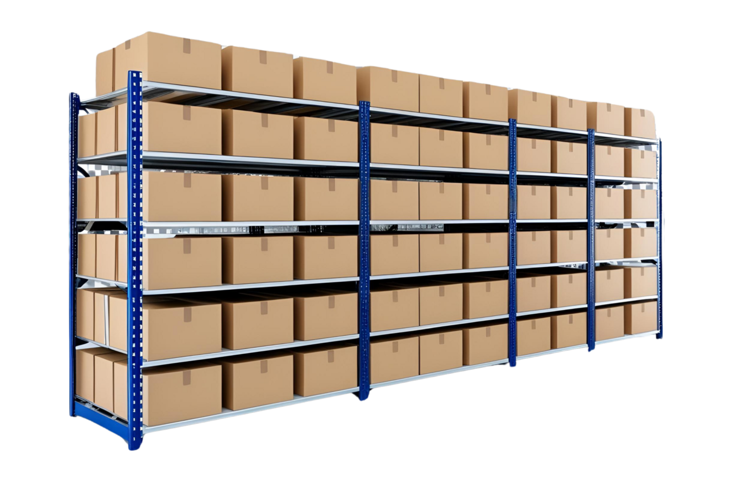 Storage rack with brown cardboard boxes organized in tiers, representing logistics, bulk storage, and efficiency. png