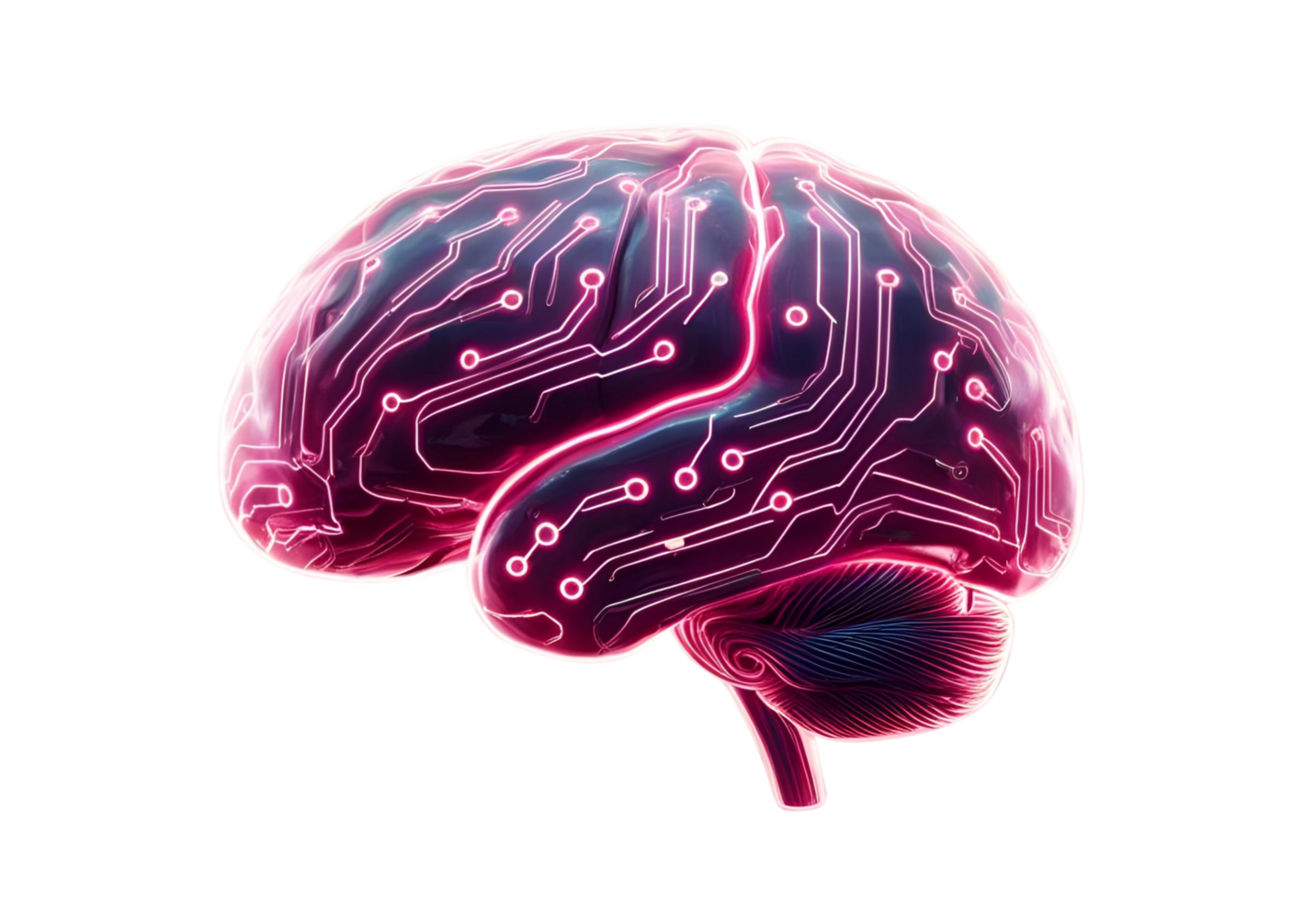 Cybernetic brain with neon circuitry symbolizing artificial intelligence and connectivity. png