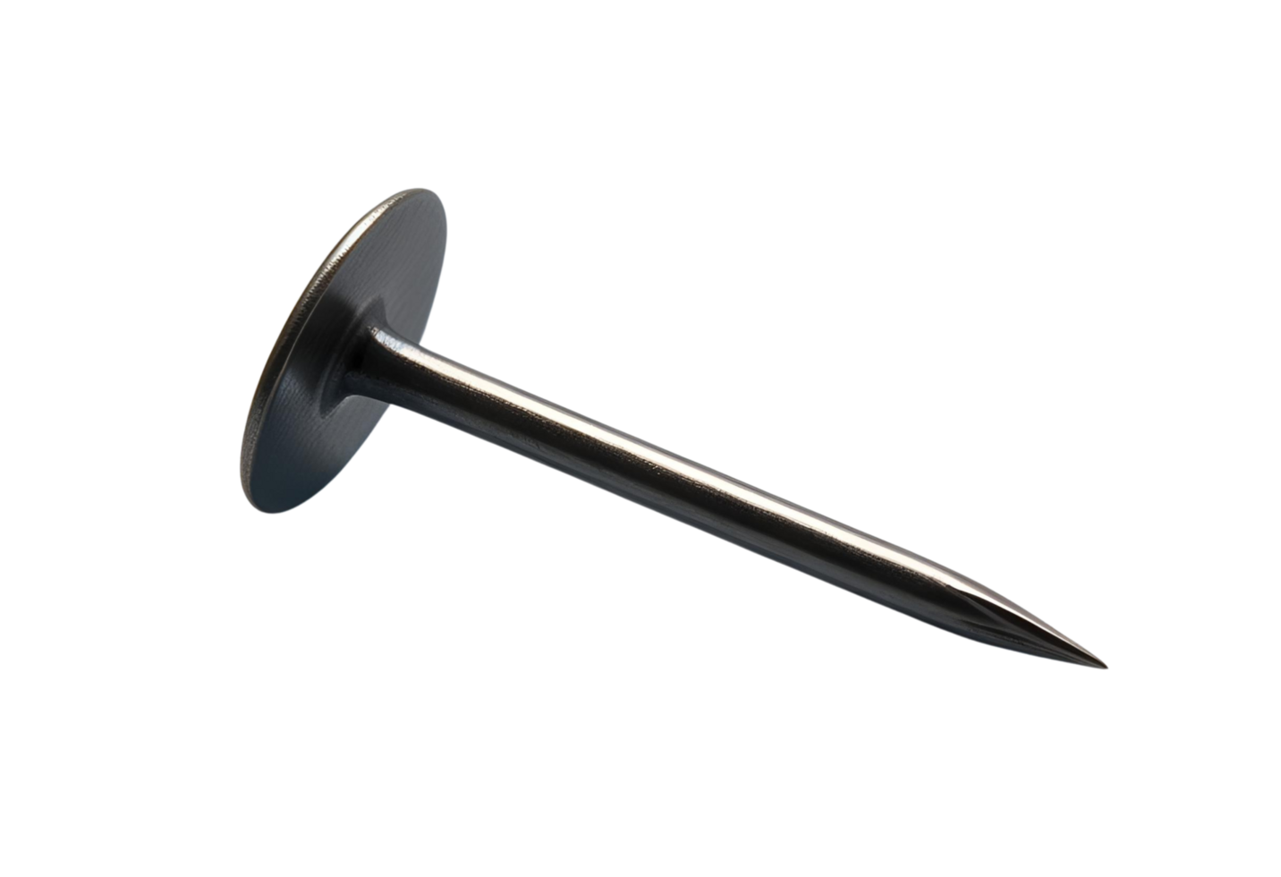 Flat head metal nail with slender shaft and sharp pointed tip. png