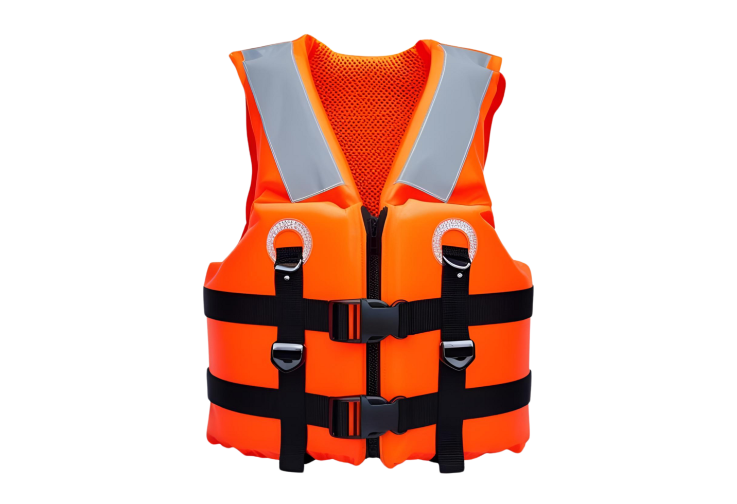 Bright orange life vest with black buckles, mesh lining, and reflective patches for high visibility safety. png