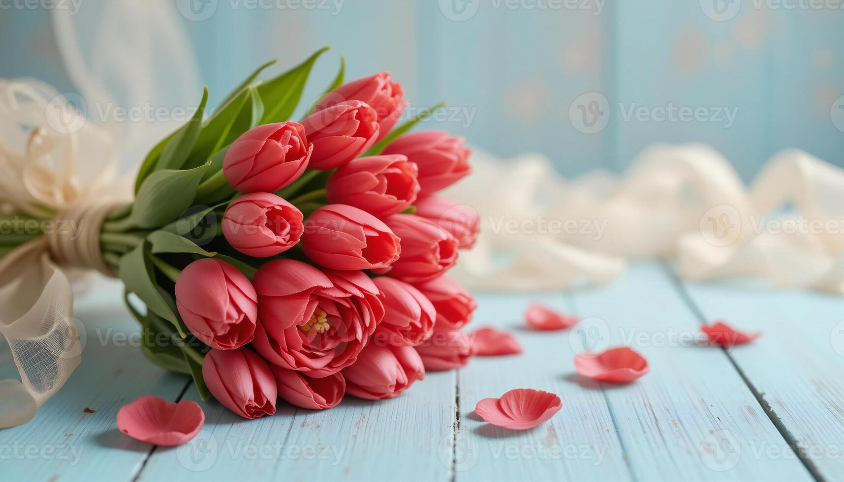 A Bouquet of Red Tulips Flowers on Wooden Board. photo