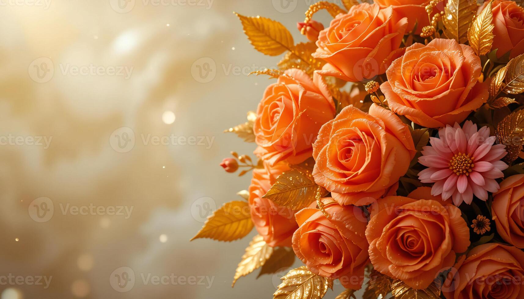 Coral Rose Flowers with Golden Leaves. photo