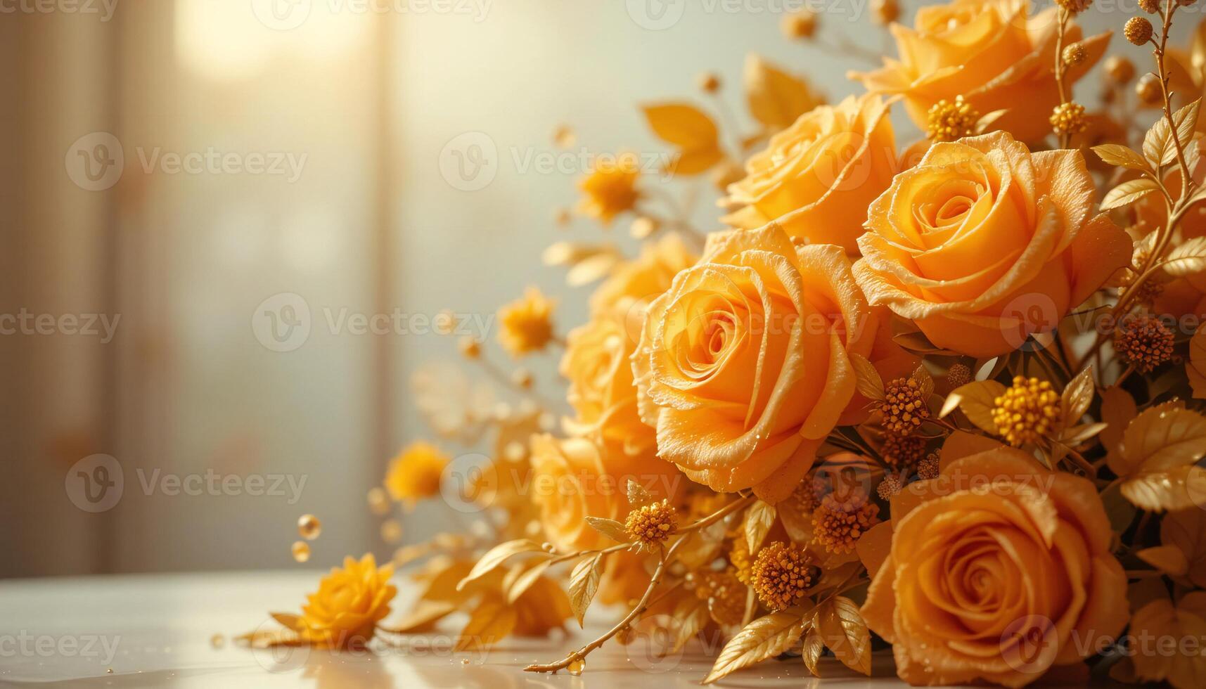 Orange Rose Flowers with Golden Leaves. photo