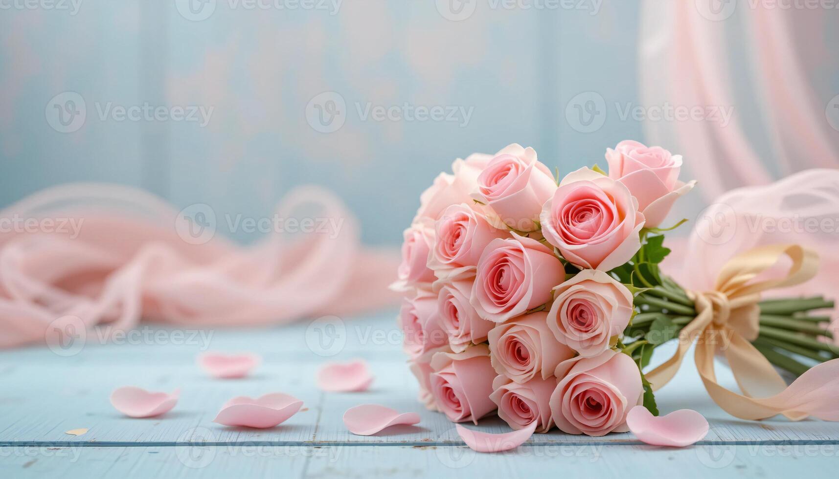 A Bouquet of Pink Roses on Wooden Board. photo