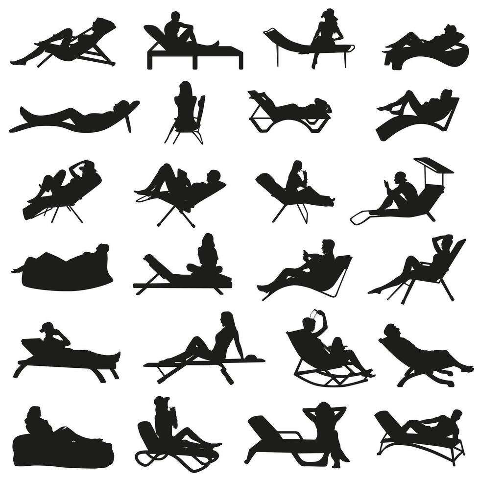 Set of silhouettes of people relaxing on the beach. Possibility of relaxing in any comfortable position. vector