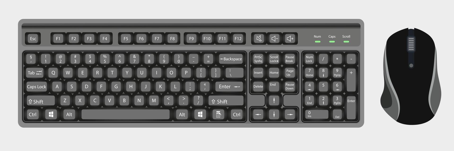 Keyboard and mouse set. Realistic keyboard and mouse in black and white colors with top view. vector