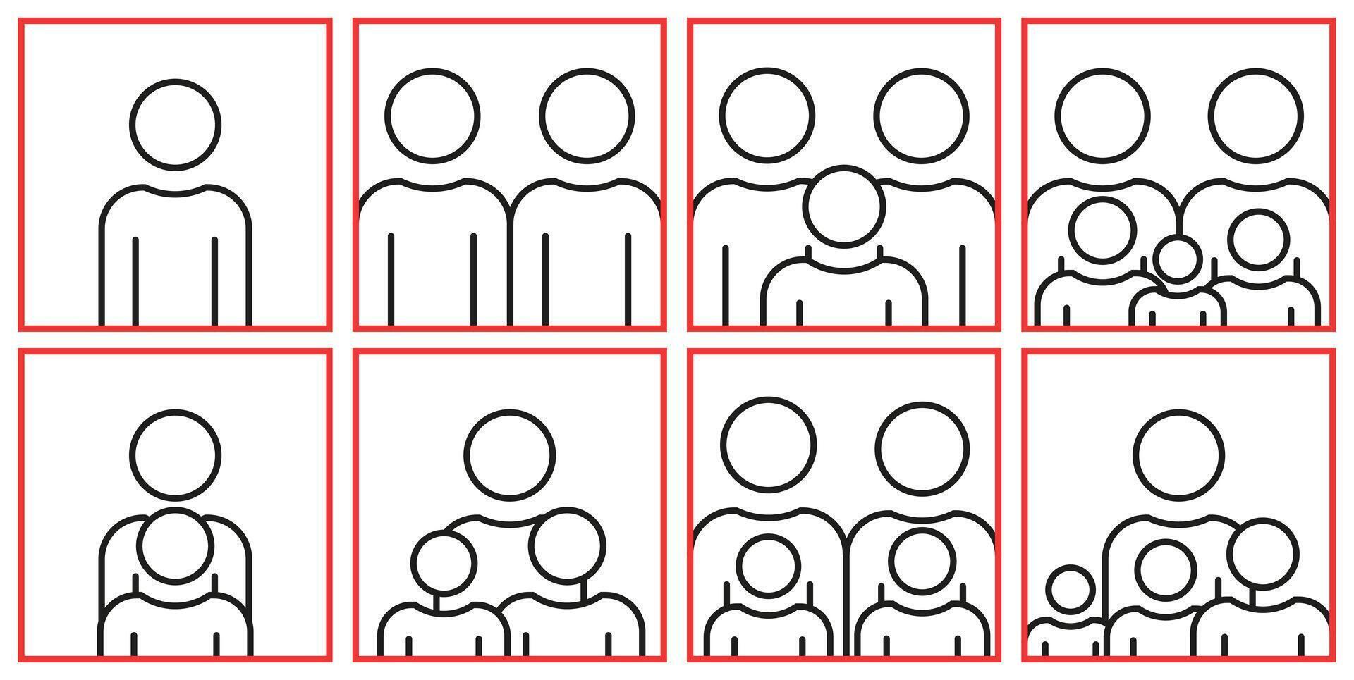 Family of several people in thin line. Abstract illustration of several simple family compositions. vector