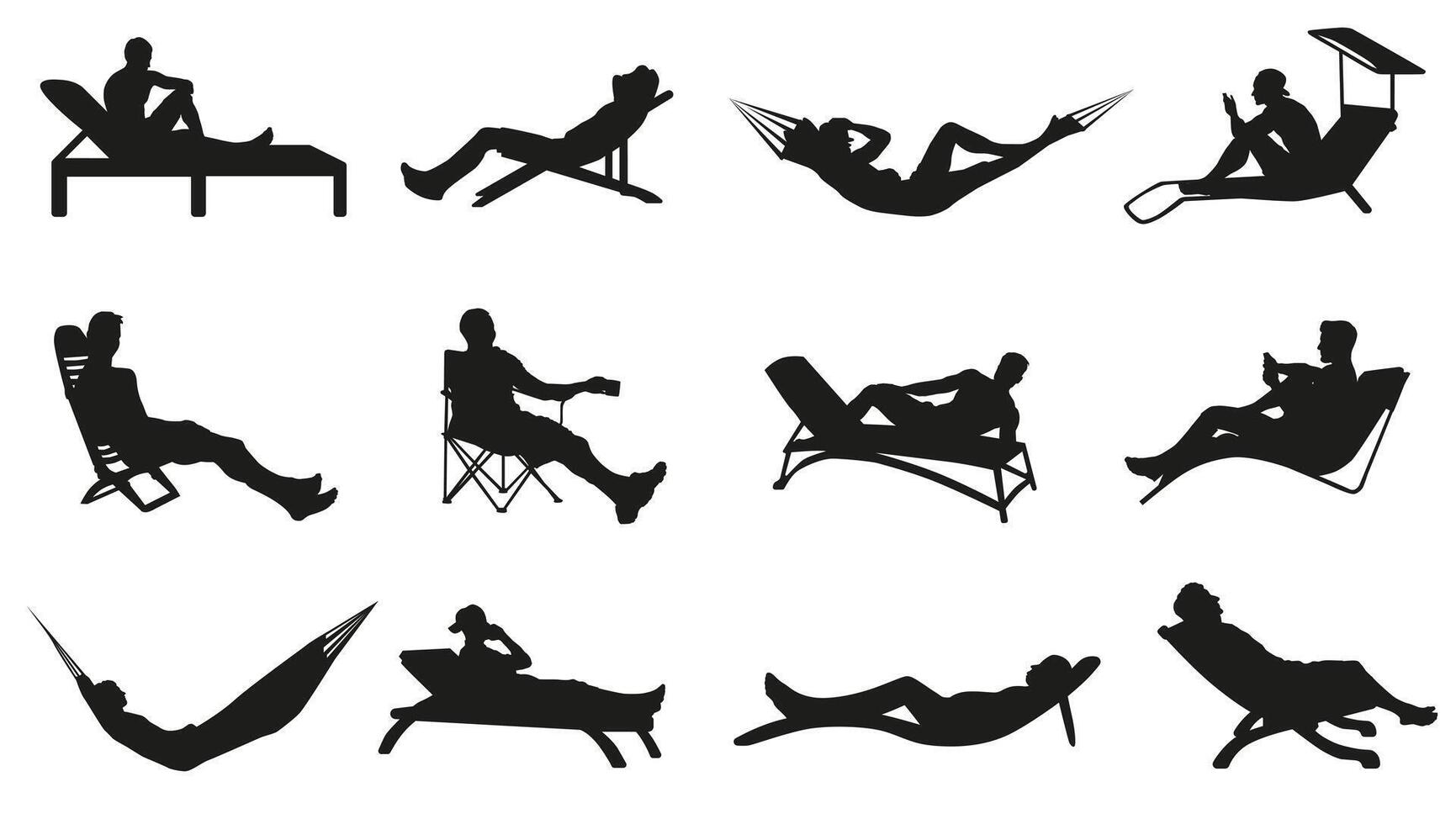 Rest. Relax on the beach. Set of silhouettes of men relaxing on the beach. vector