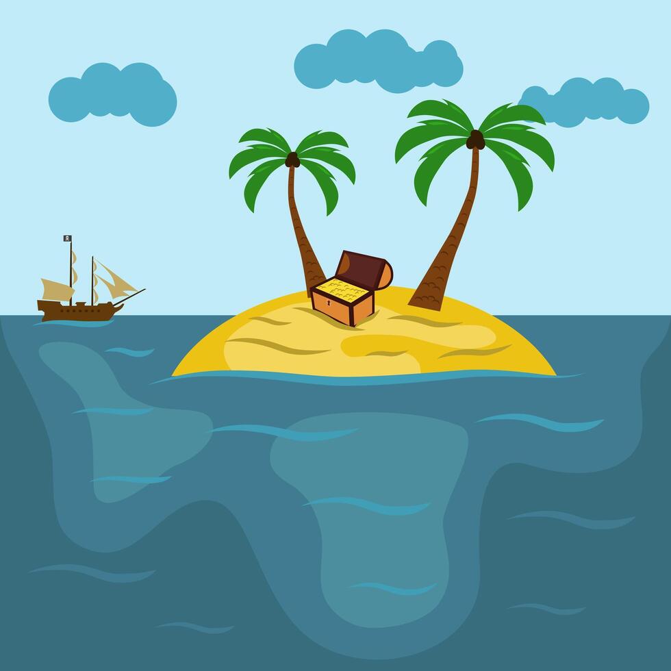 Landscape of treasure island. Sea picture for children. A remote island with a treasure chest. vector