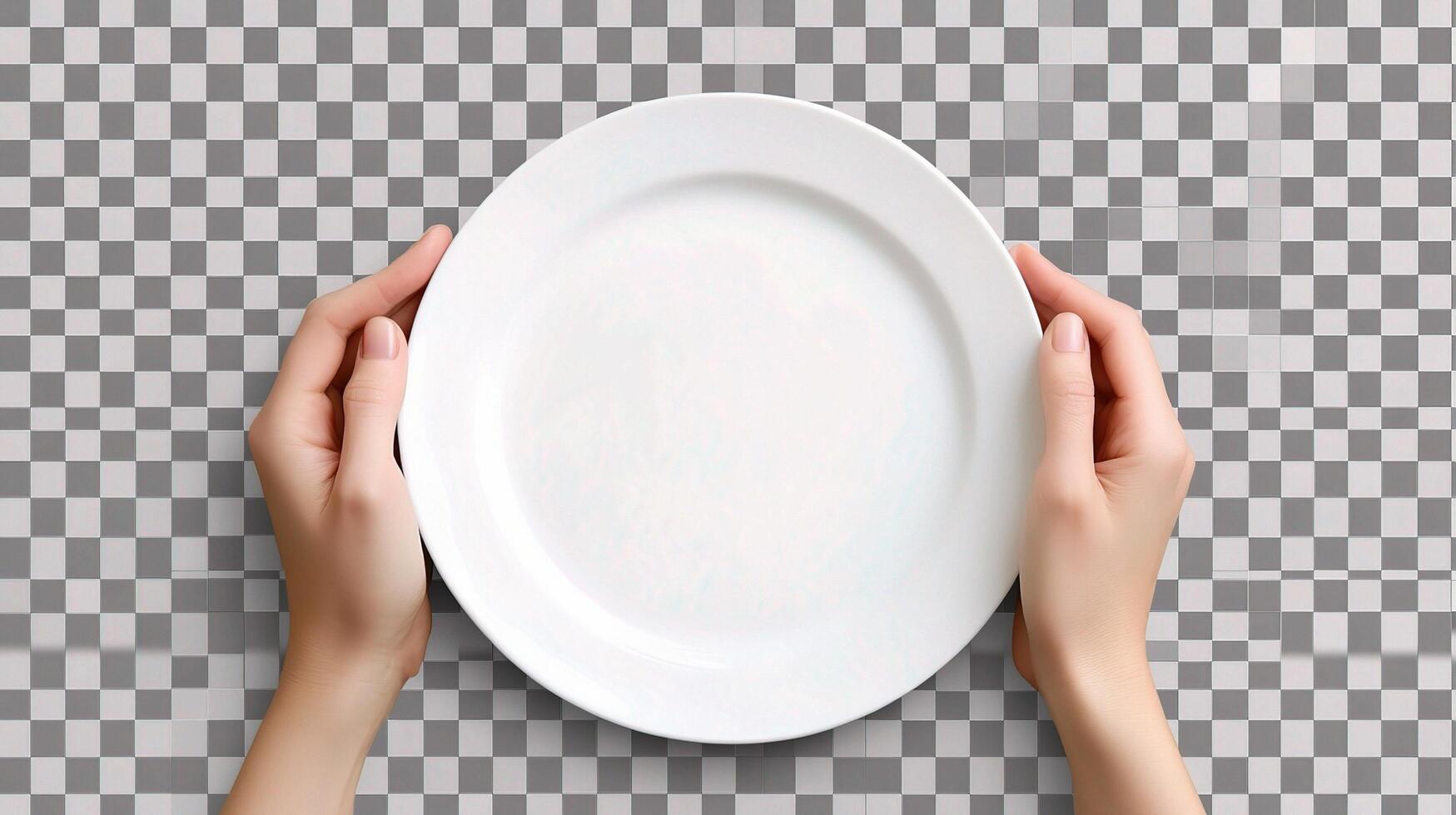 Hands holding empty plate on checkered background photo