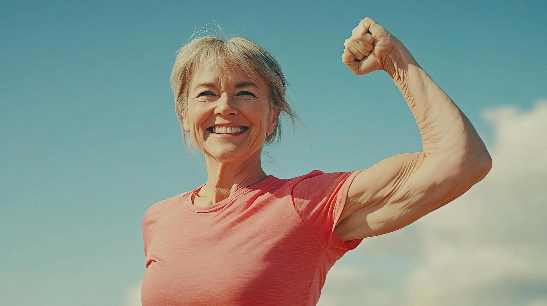 A woman flexing her muscles in the sun photo