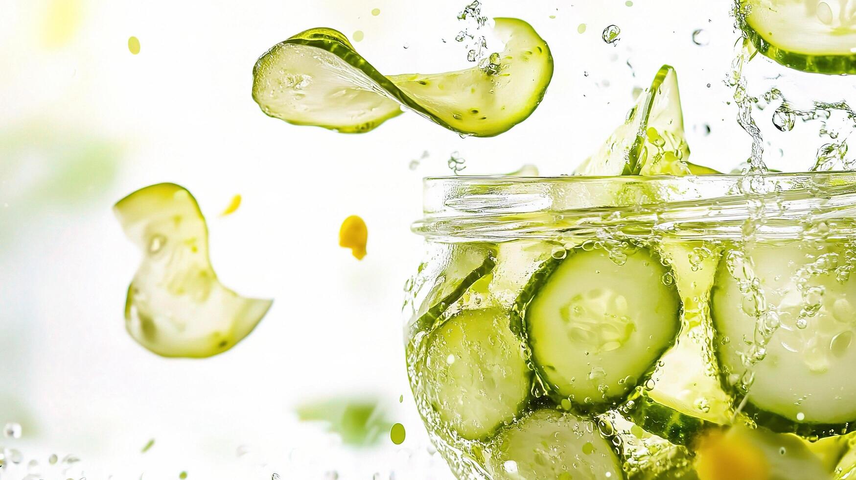 A glass jar filled with cucumbers and water photo