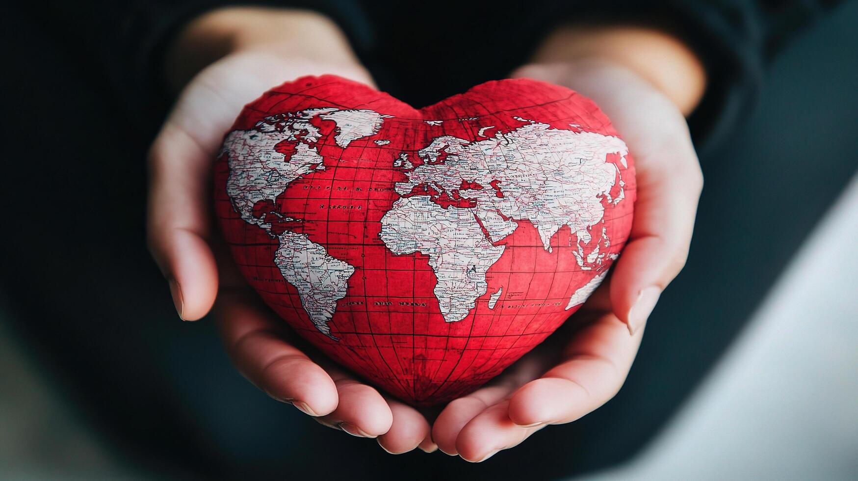 World map heart in hands concept photo