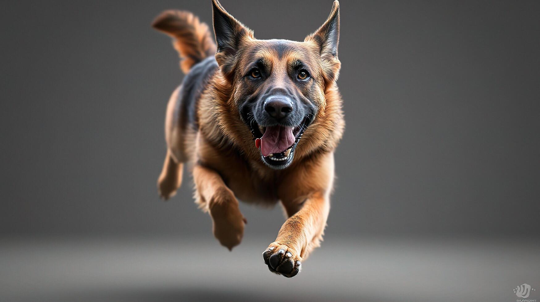 A german shepherd dog running in the air photo