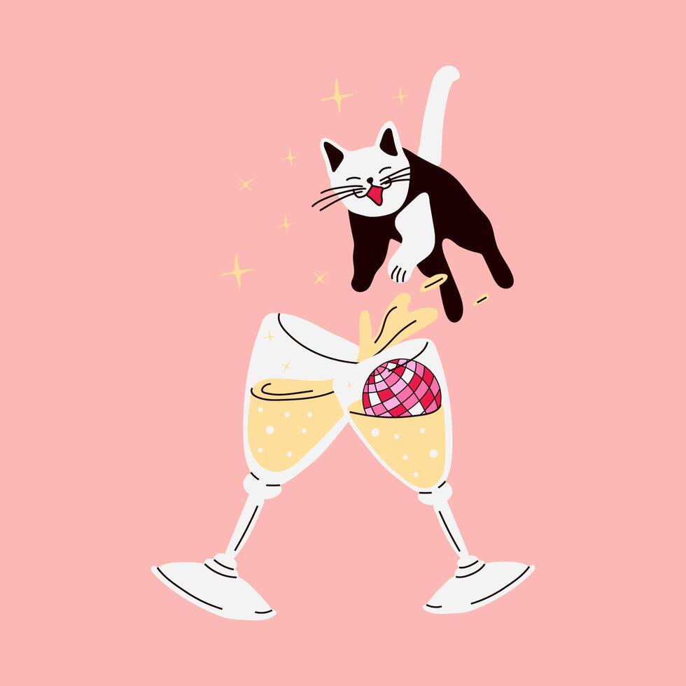 Cat Falling into a Glass of Champagne. Party Time Fun vector