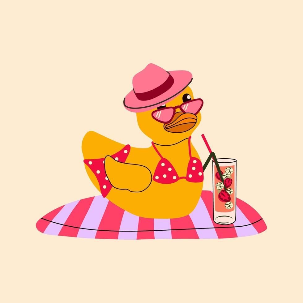 Vacation Rubber Duck Sipping a Drink. Beach Day Vibes vector