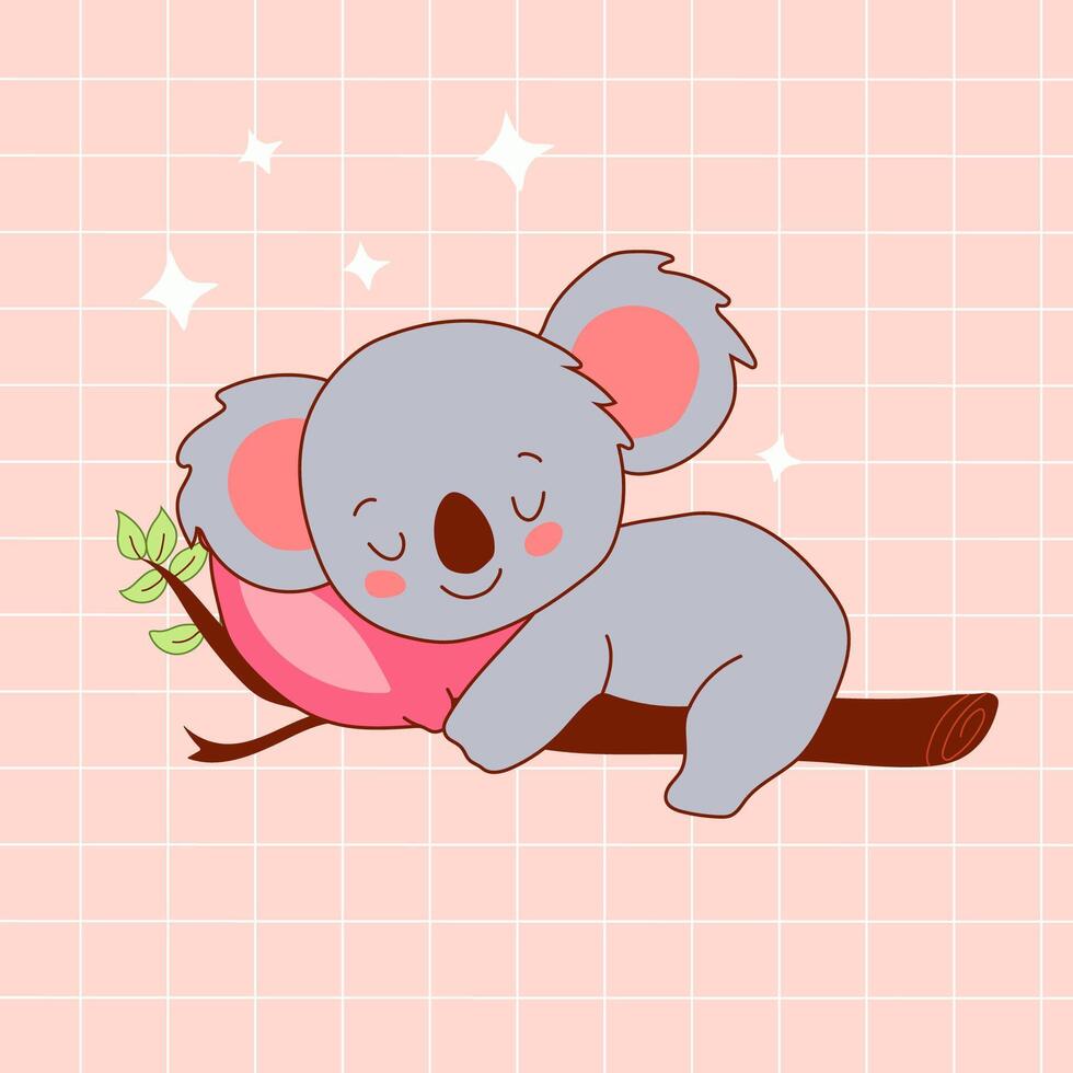Cute Cartoon Sleeping Koala on Branch with Pink Pillow vector