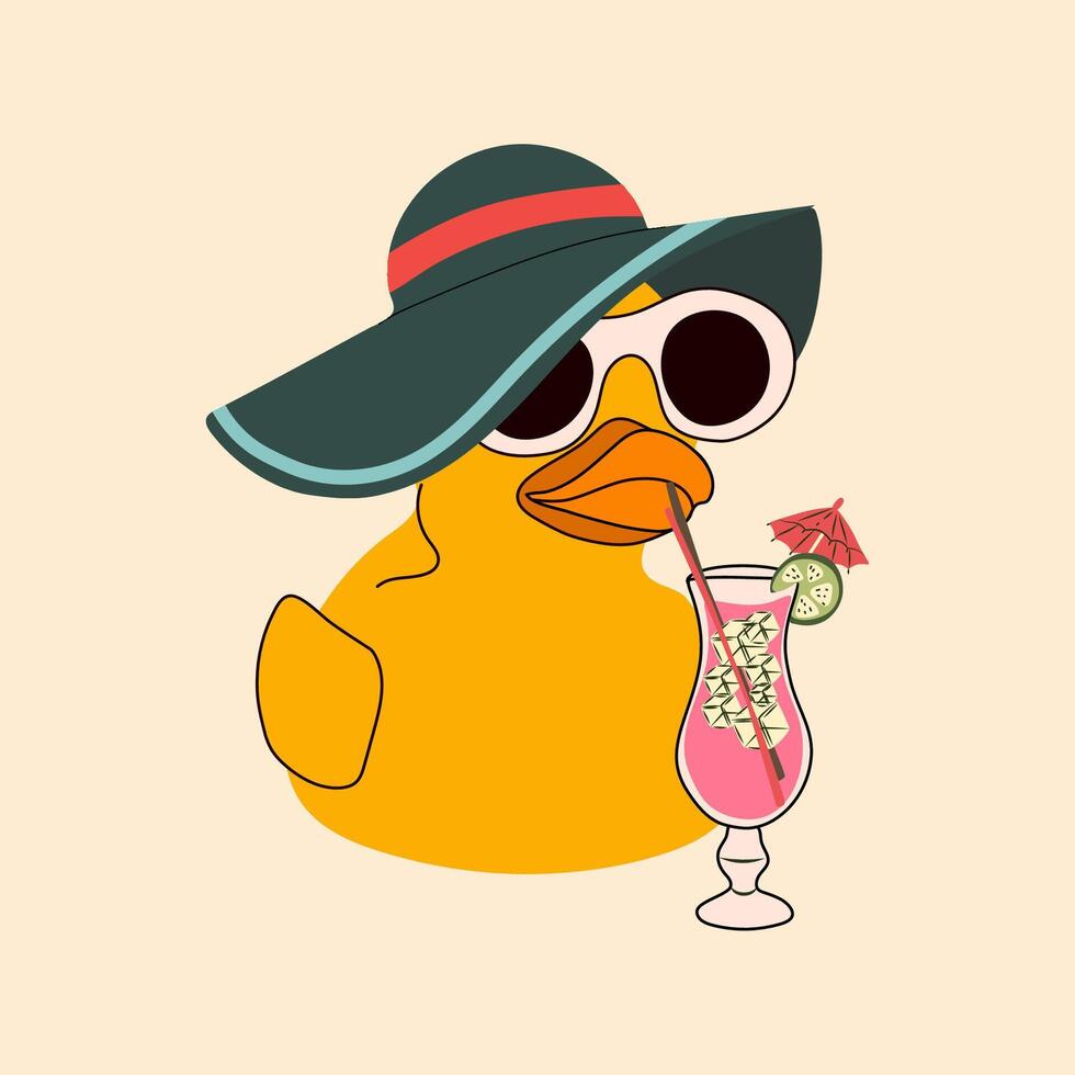 Rubber Duck with Cocktail in Sunglasses and Hat. Summer Fun vector