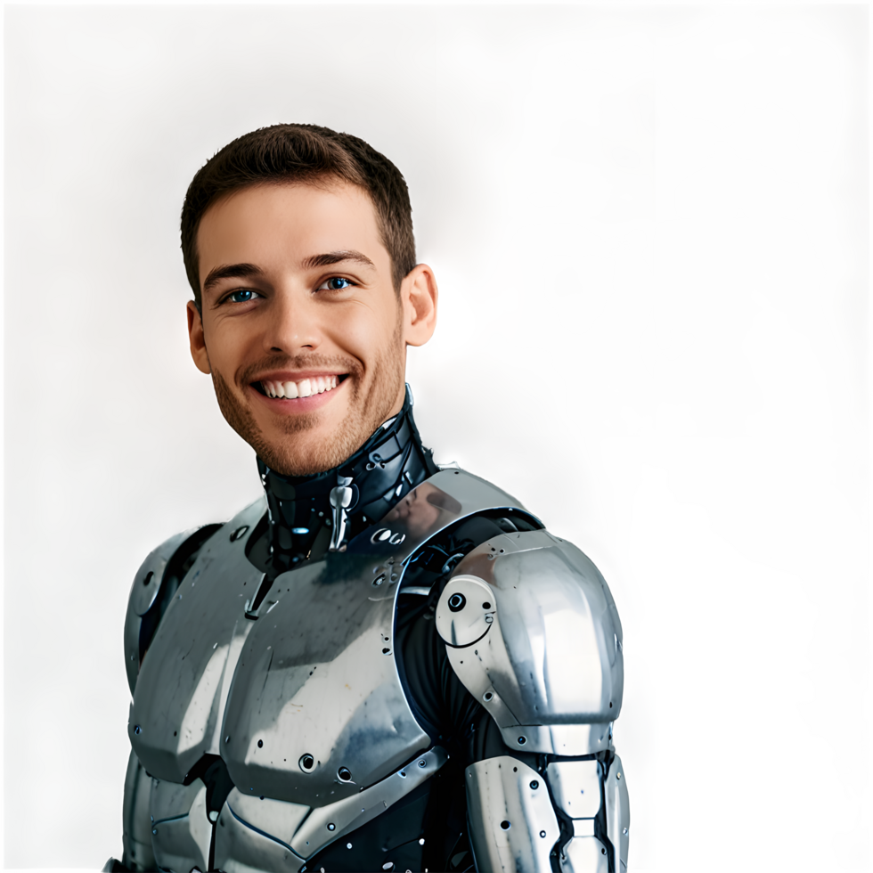 Man silver metal robot cyborg isolated on transparency. png