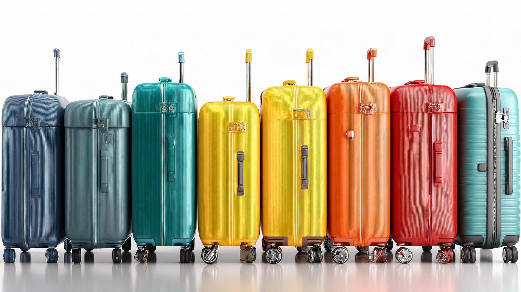 A row of colorful suitcases on a white background photo
