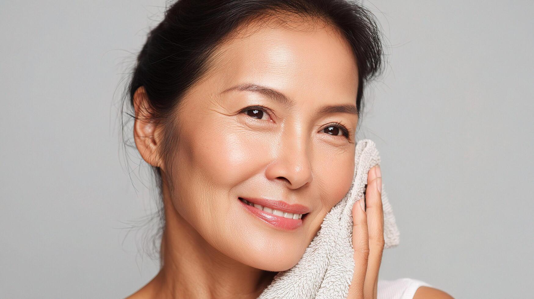 A woman is smiling while holding a towel to her face photo