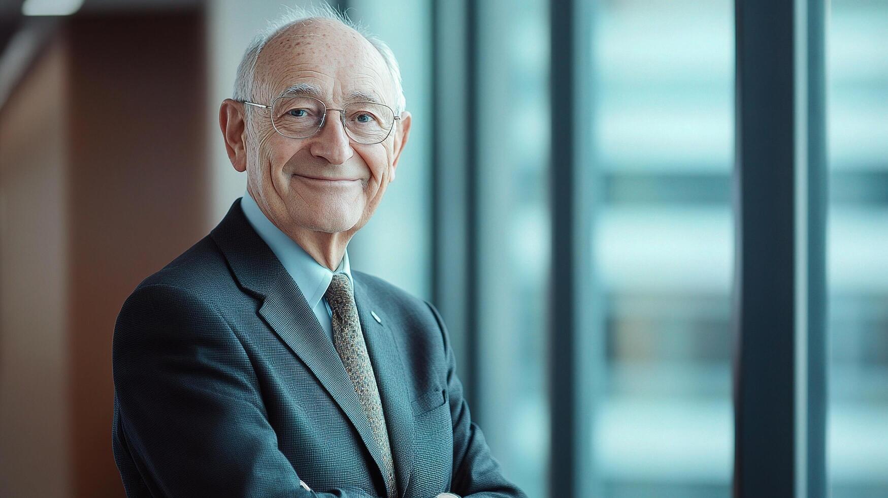 An older man in a suit and tie standing in front of a window photo