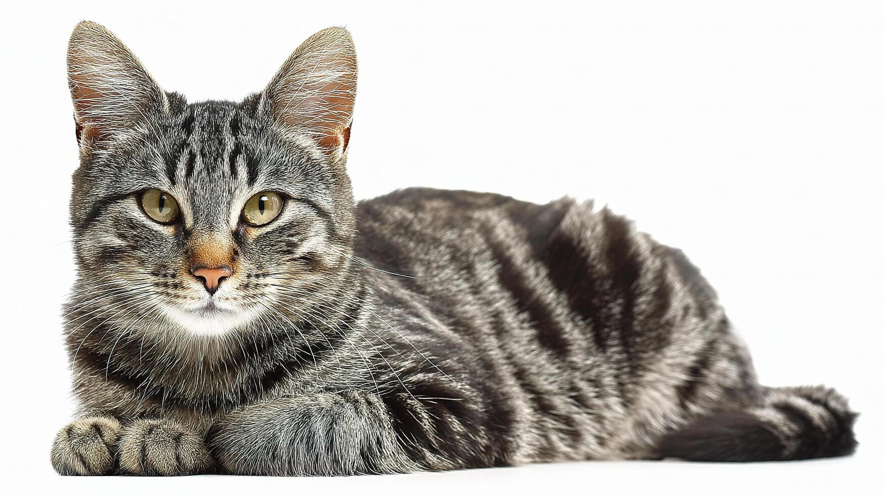 A striped cat is laying down on a white background photo