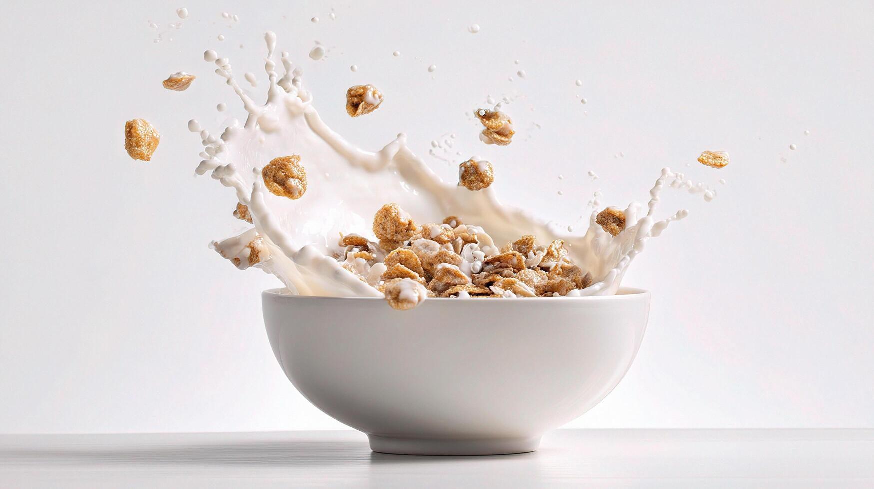 A bowl of cereal with milk splashing into it photo
