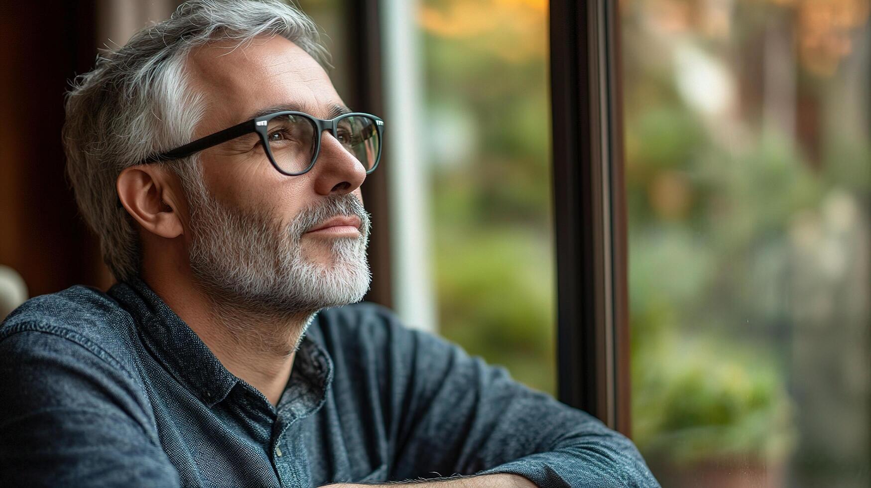 A man with glasses and a beard looking out the window photo