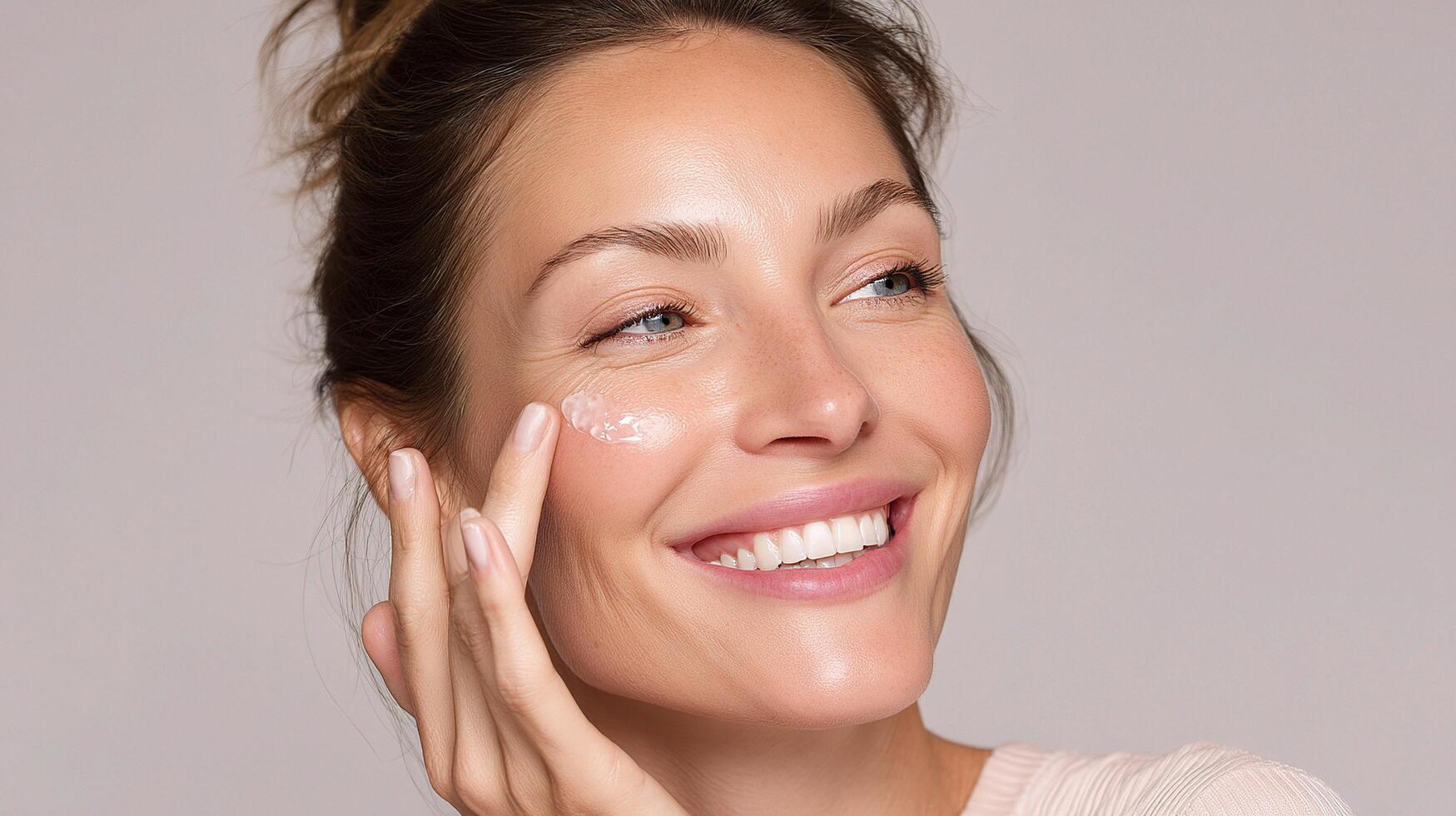 A woman smiling while applying a cream to her face photo