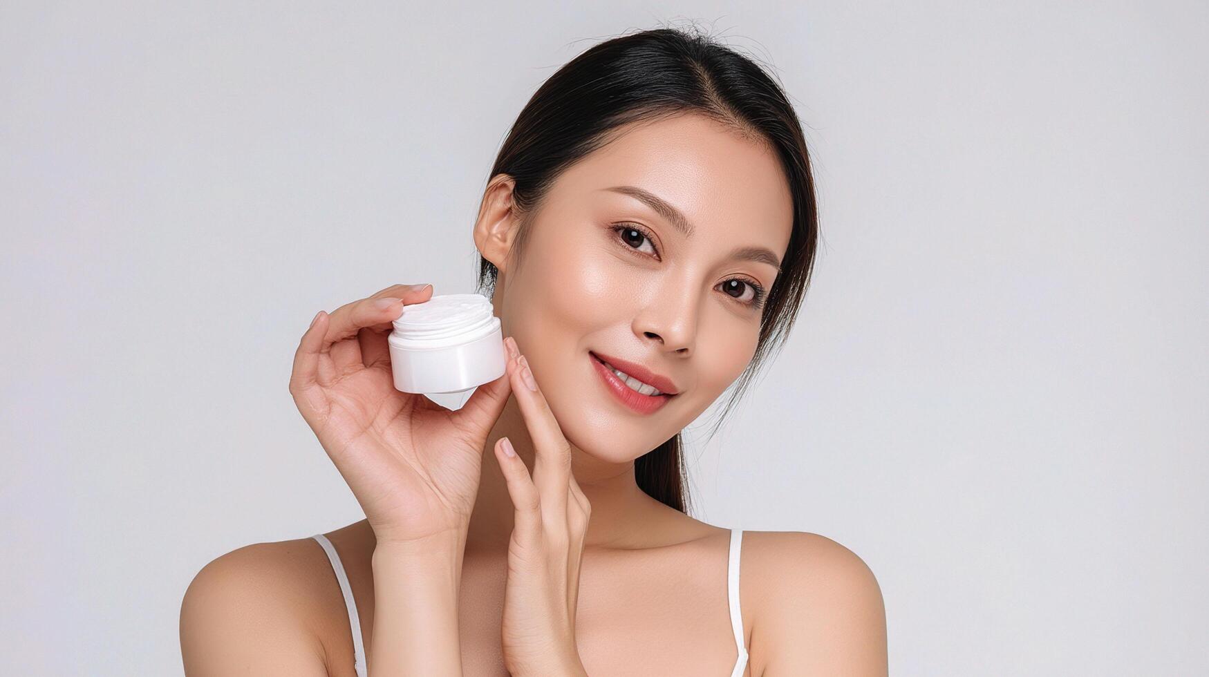 A woman holding a cream container in her hand photo