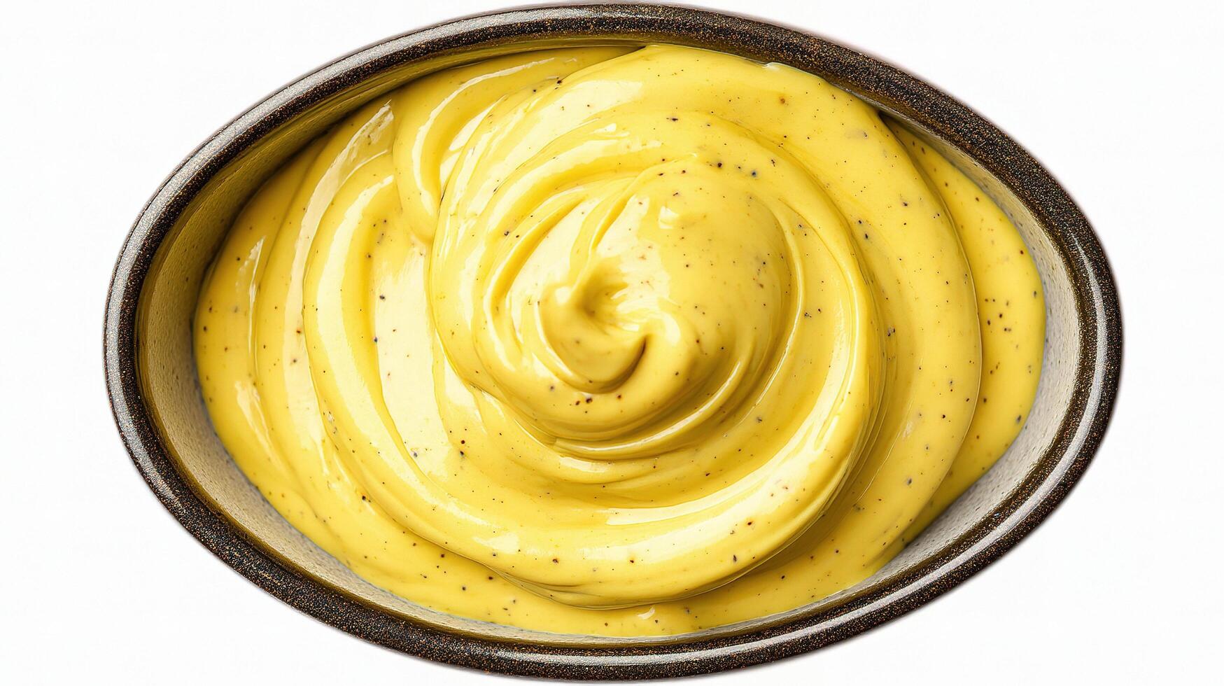 A bowl of yellow mustard on a white background photo