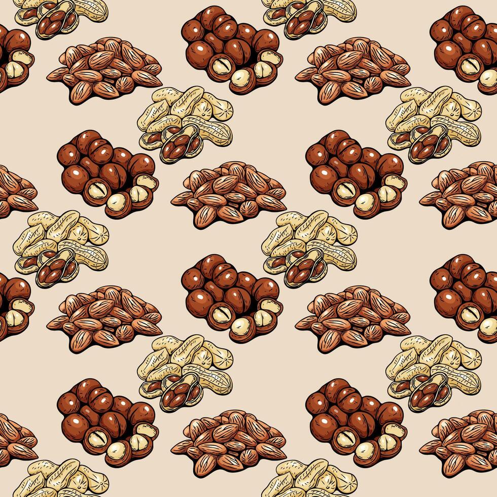 nut mix pattern on beige background in hand-drawn style vector