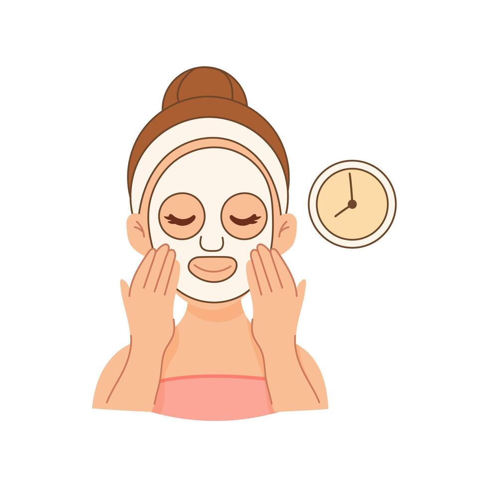 Woman wearing sheet mask during skincare routine with clock vector