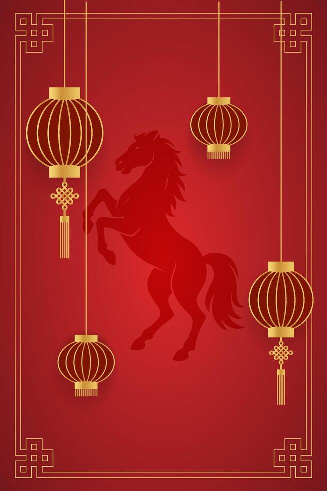 Chinese New Year 2026 red lanterns and horse card vector