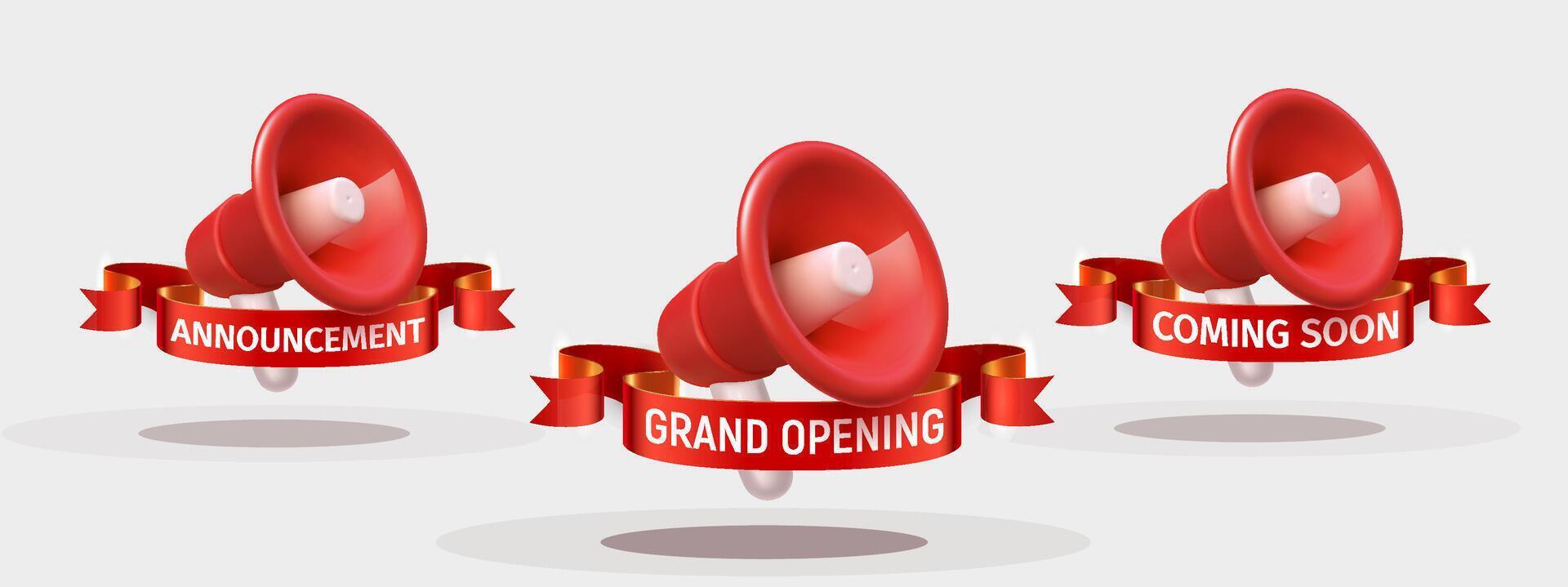 Marketing Announcement Megaphone Icons With Red Ribbon Text For Grand Opening, Announcement, Sale Promo, Coming soon Event Notification On Clean Background. Illustration. vector