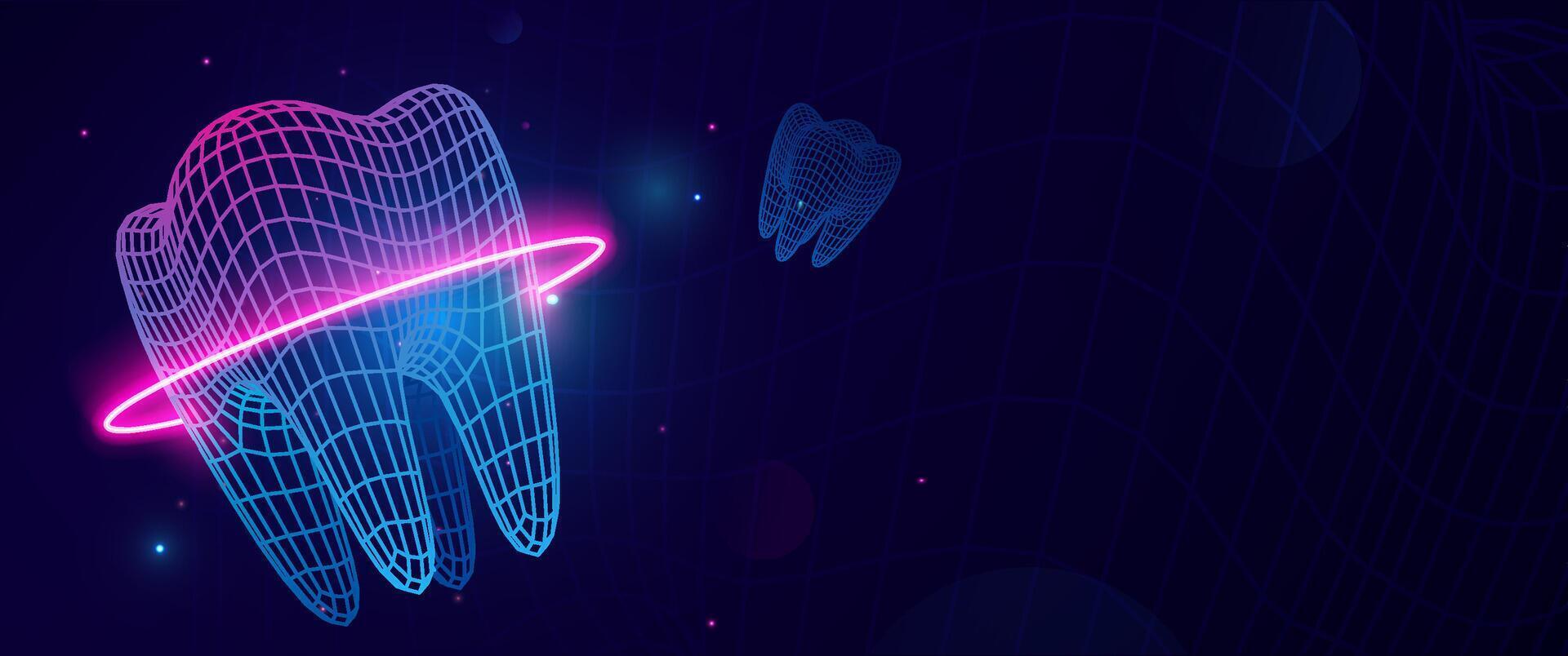 Dental or Orthodontic banner. Futuristic Mesh Grid Too thIn Neon Grid Style With Glowing Red On Dark Background, Perfect For Dental Tech, Digital Health And Innovation Concepts. Illustration. vector