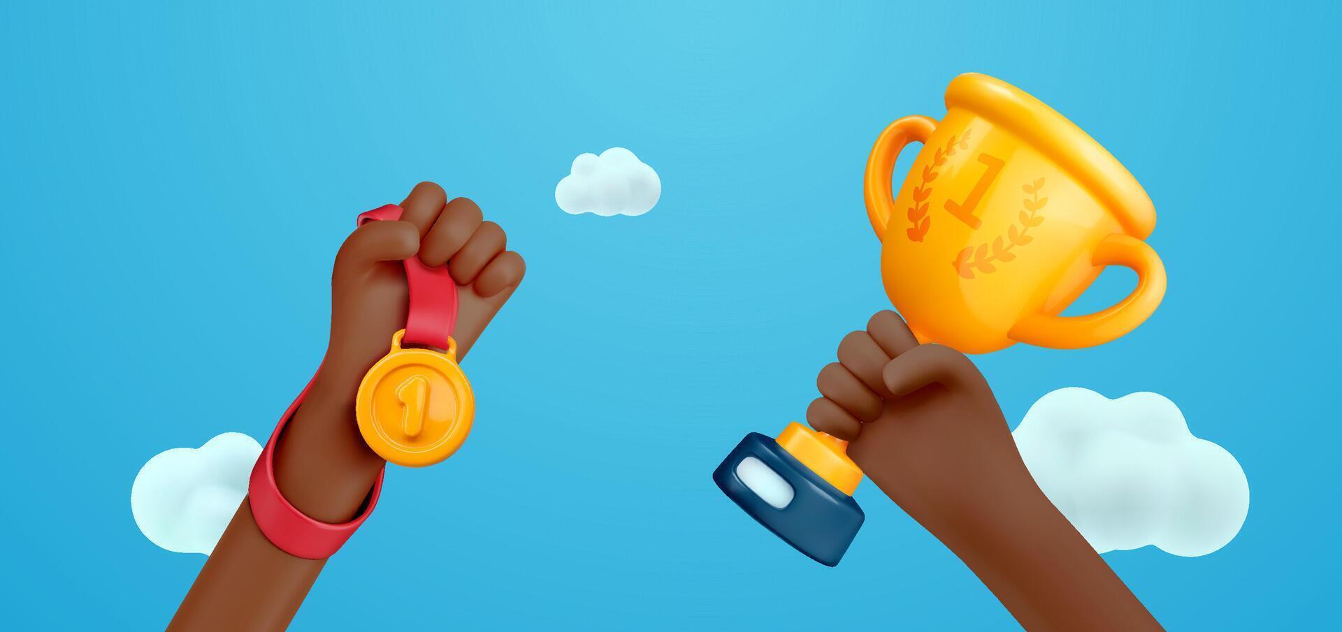 Dark Skin Athletes Holding Gold Medal And Golden Cup Celebrating Victory, Diversity, Inclusion and International Unity Concept in 3D Cartoon Style. Illustration. vector