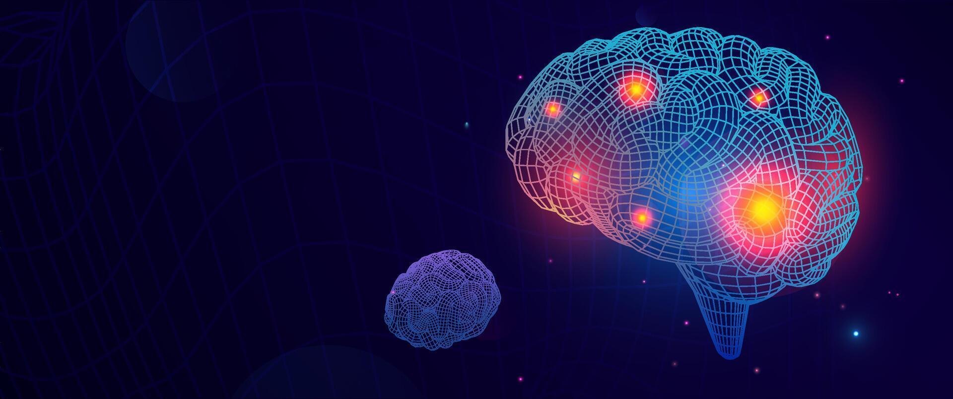 Digital Wireframe Brain With Glowing Pain Points Headache Symbolizing, Neural Discomfort On Futuristic Background. Ideal For Medical And Health Topics. Superwide Illustration. vector