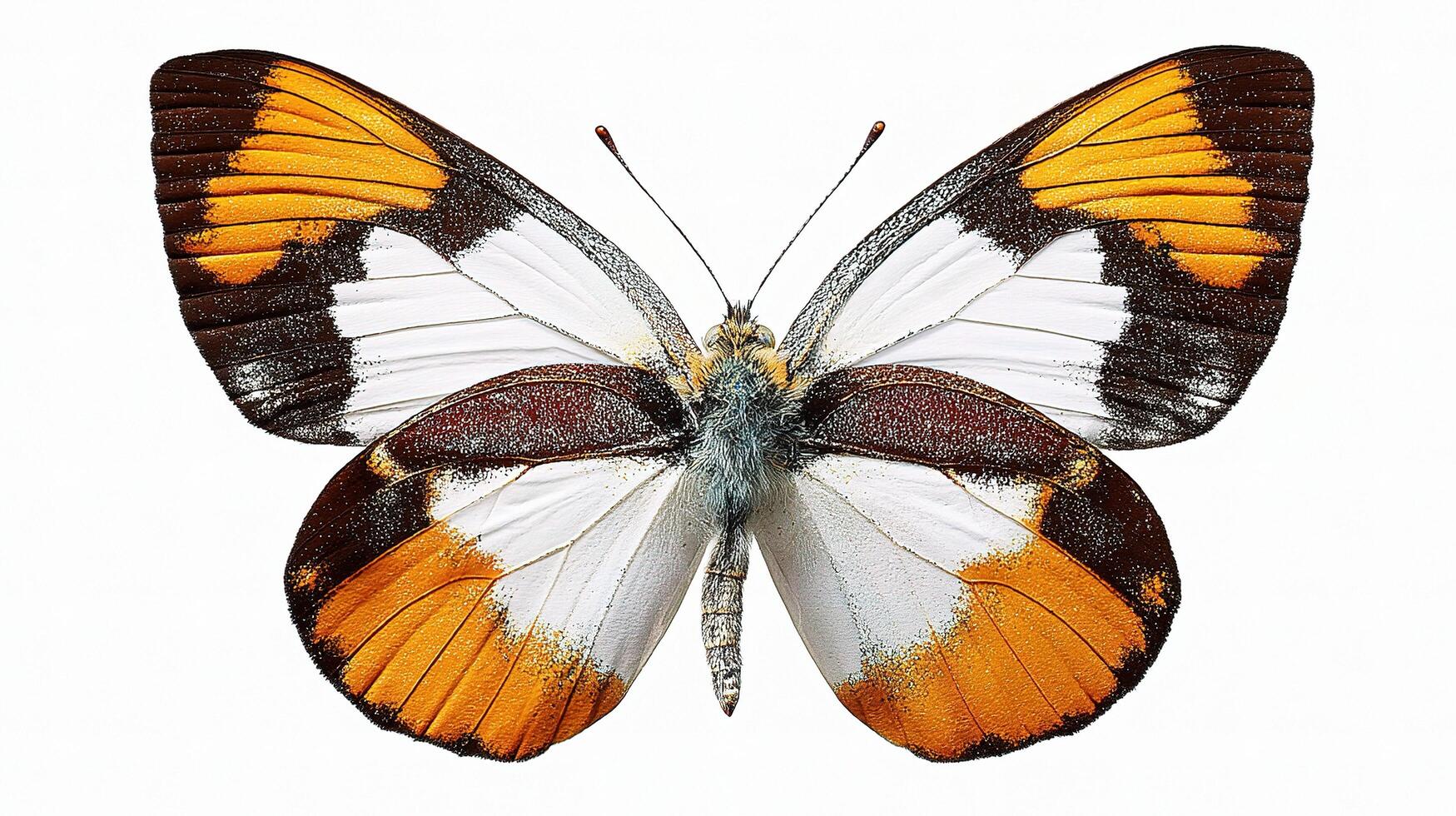 A butterfly with orange, white and black wings photo