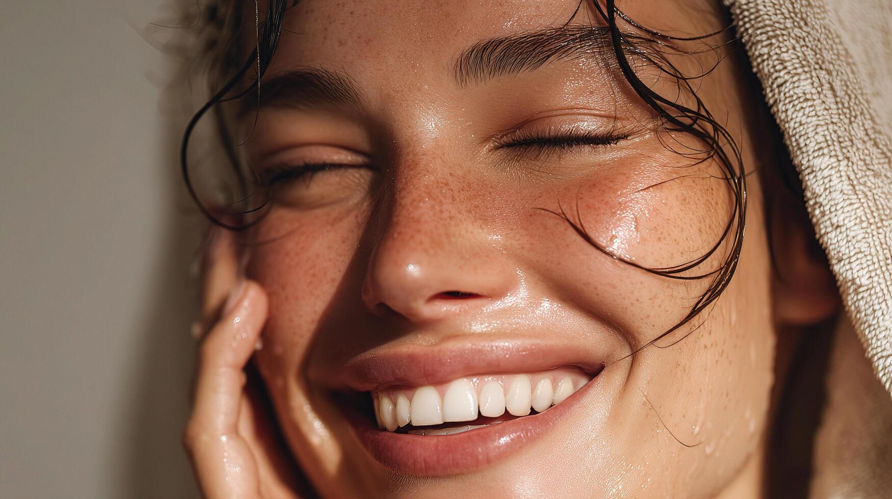 A woman is smiling while wearing a towel photo
